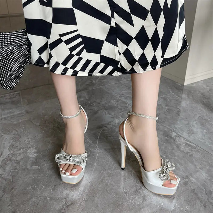Rhinestone Bow Knot Crystal Ankle Strap Heels fashionnsio