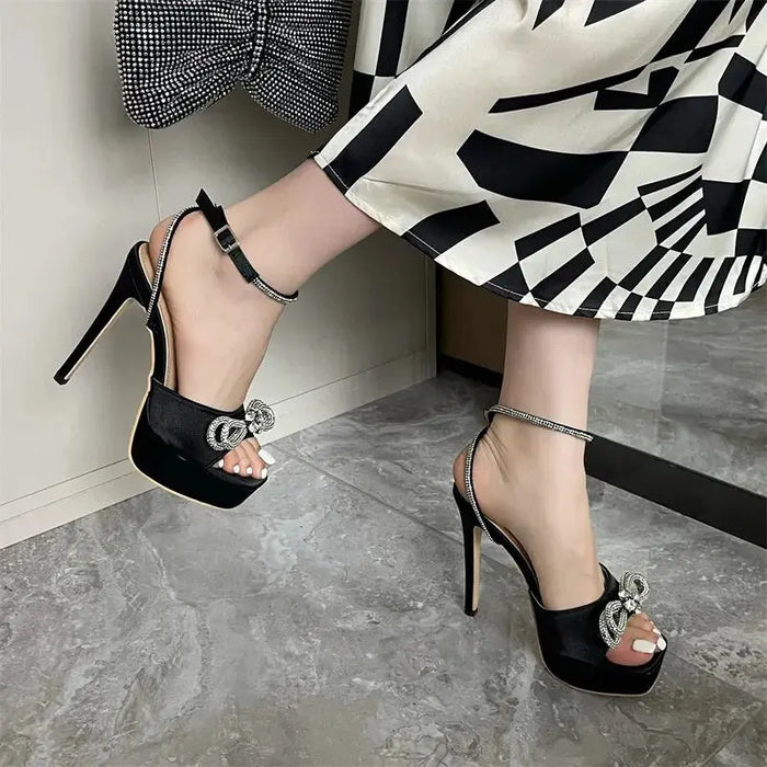 Rhinestone Bow Knot Crystal Ankle Strap Heels fashionnsio