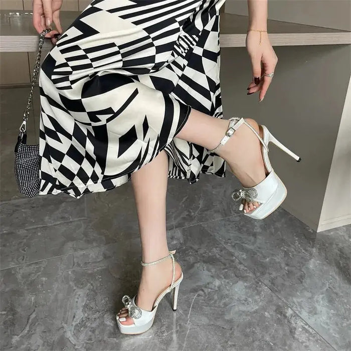 Rhinestone Bow Knot Crystal Ankle Strap Heels fashionnsio
