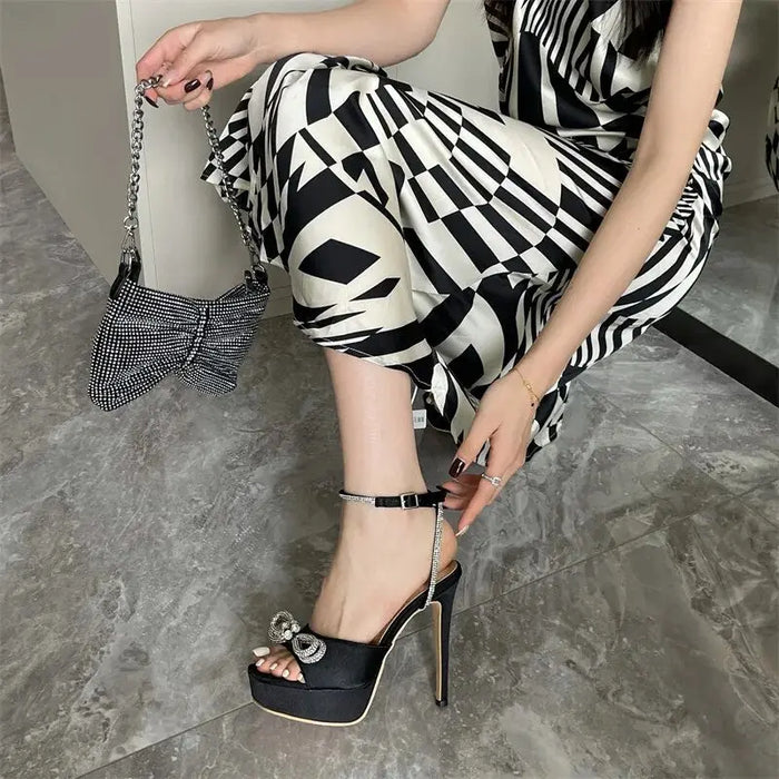 Rhinestone Bow Knot Crystal Ankle Strap Heels fashionnsio