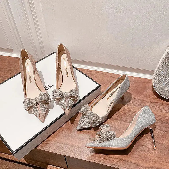 Butterfly Knot Sequin Crystal Heels fashionnsio