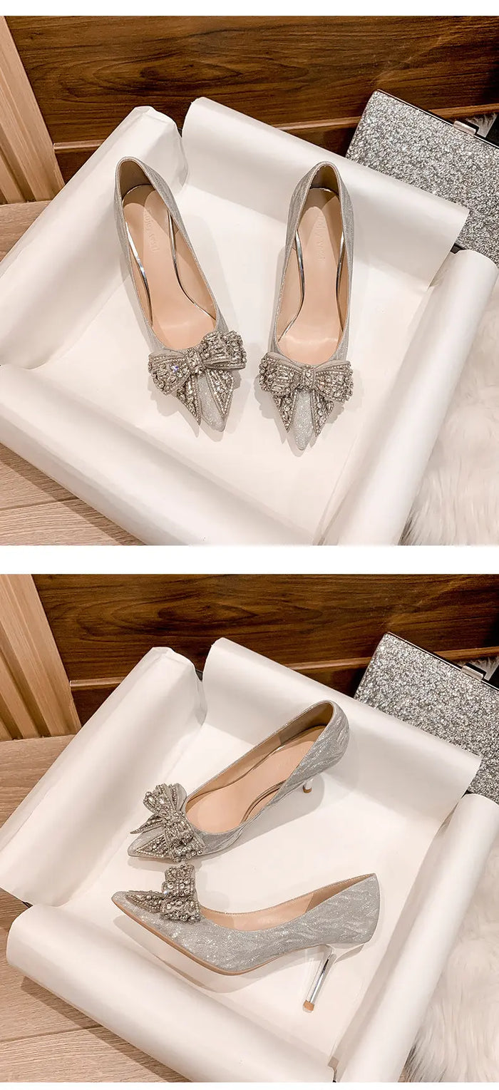 Butterfly Knot Sequin Crystal Heels fashionnsio