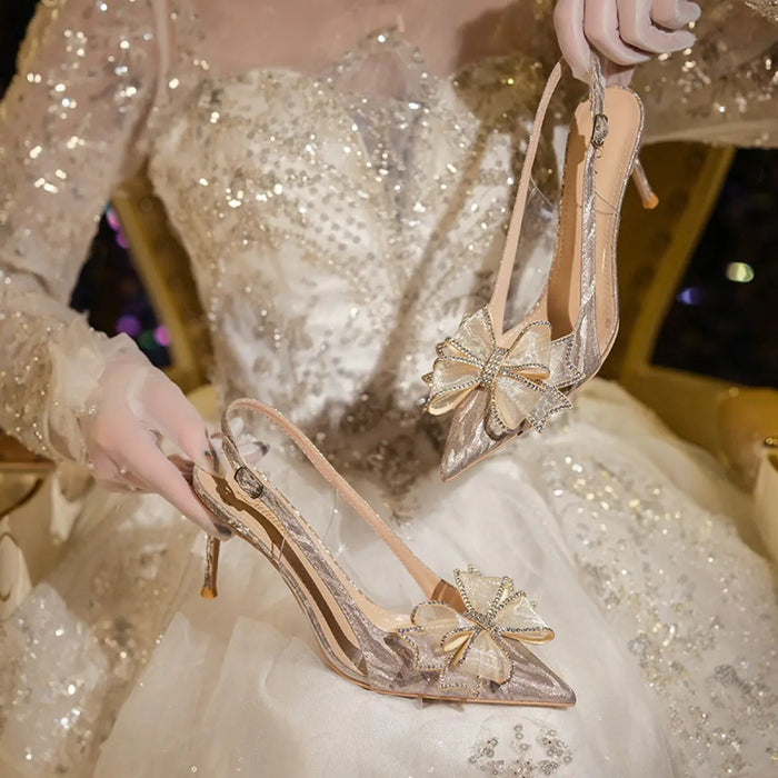 Crystal Flower Bow Sequin Heels fashionnsio
