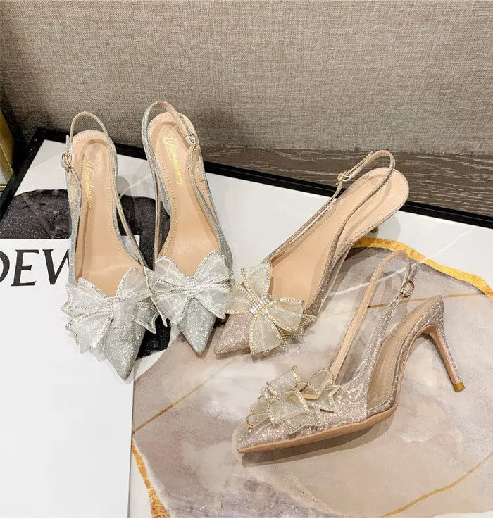 Crystal Flower Bow Sequin Heels fashionnsio