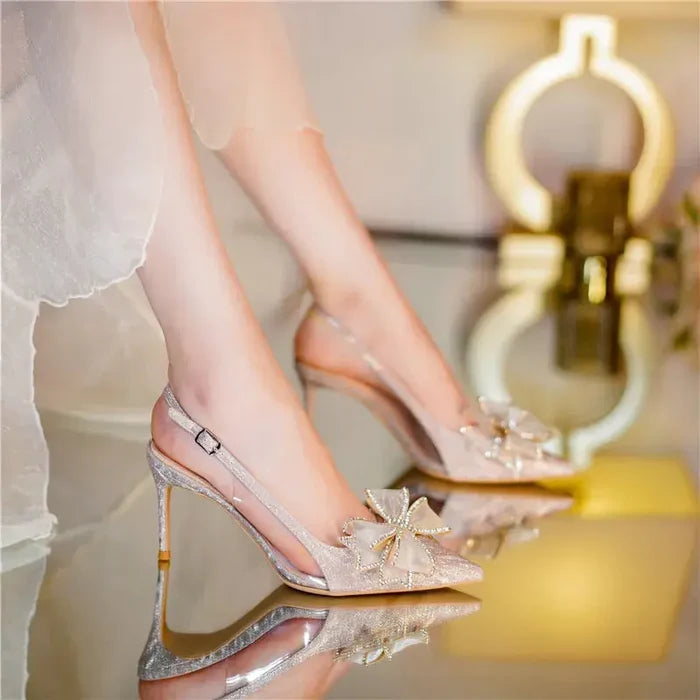 Crystal Flower Bow Sequin Heels fashionnsio