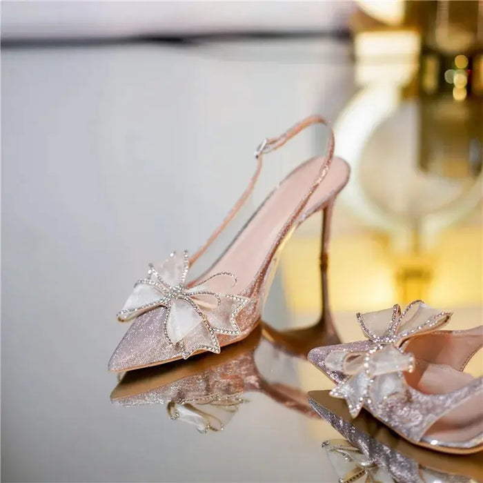 Crystal Flower Bow Sequin Heels fashionnsio