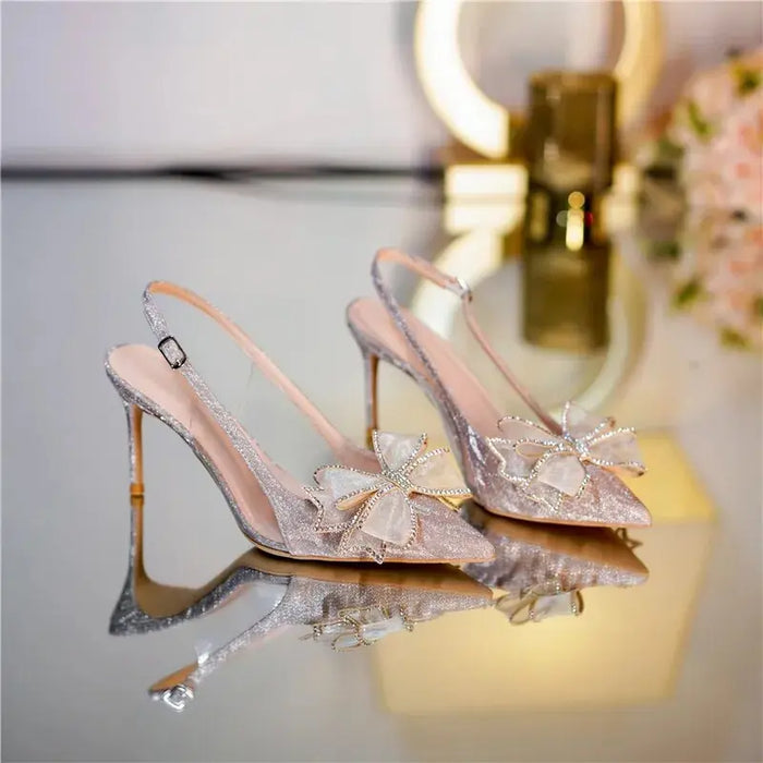 Crystal Flower Bow Sequin Heels fashionnsio