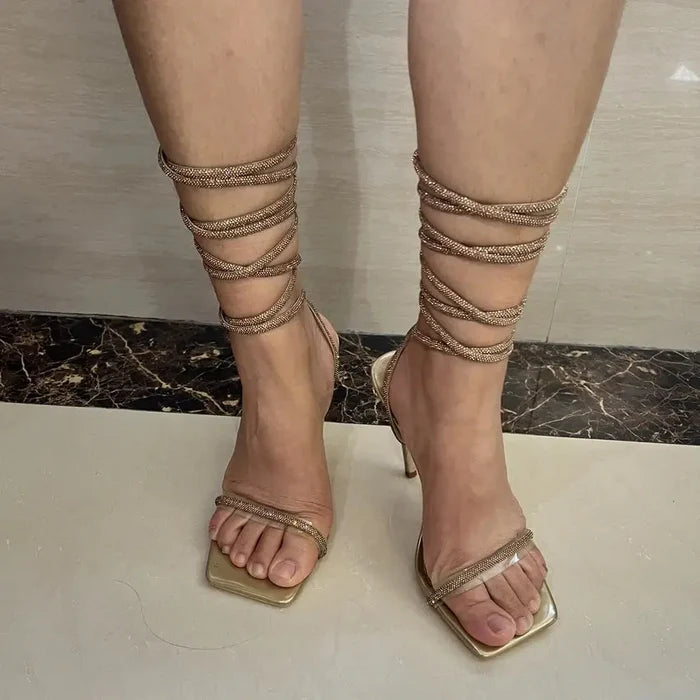 Crystal Lace up Strap Heels fashionnsio