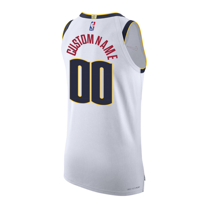 Back view White basketball jersey with 'custom name' in red and number '00' in navy with yellow outline on a white background