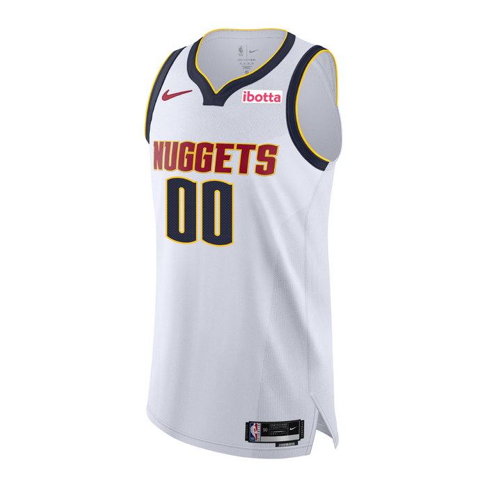 Front View, White basketball jersey with 'Nuggets' in red with yellow outline and number '00', red Nike Swoosh and Ibotta Sponsorship patch in red text and white patch on a white background