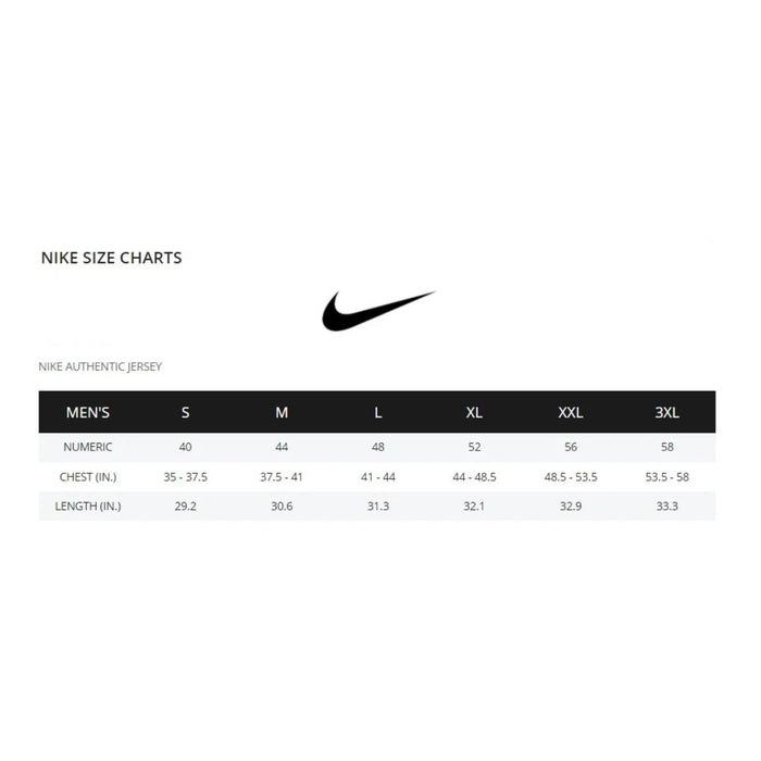 Nike size chart for men's Nike Authentic Jersey on a white background