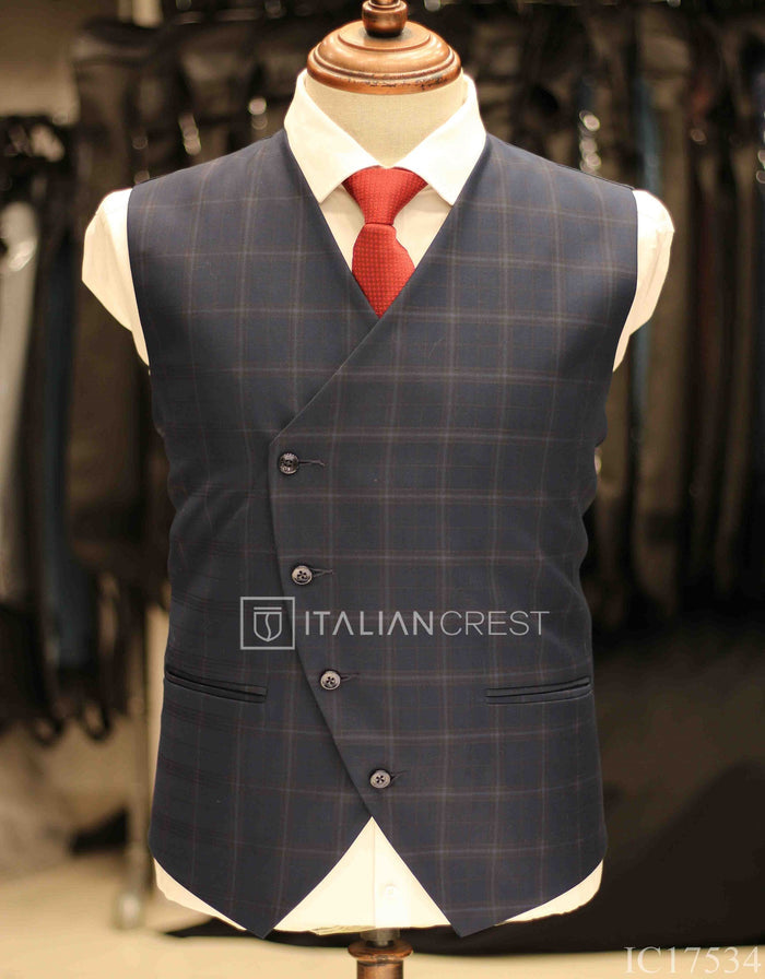 Dark Blue Checks 3-Piece Peak Lapel Suit