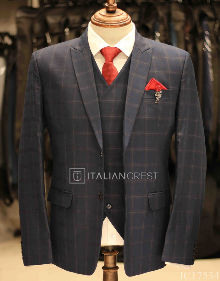 Dark Blue Checks 3-Piece Peak Lapel Suit
