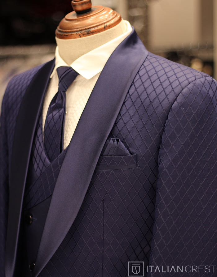 Dark Royal Blue Jacquard 5pc Wedding Suit