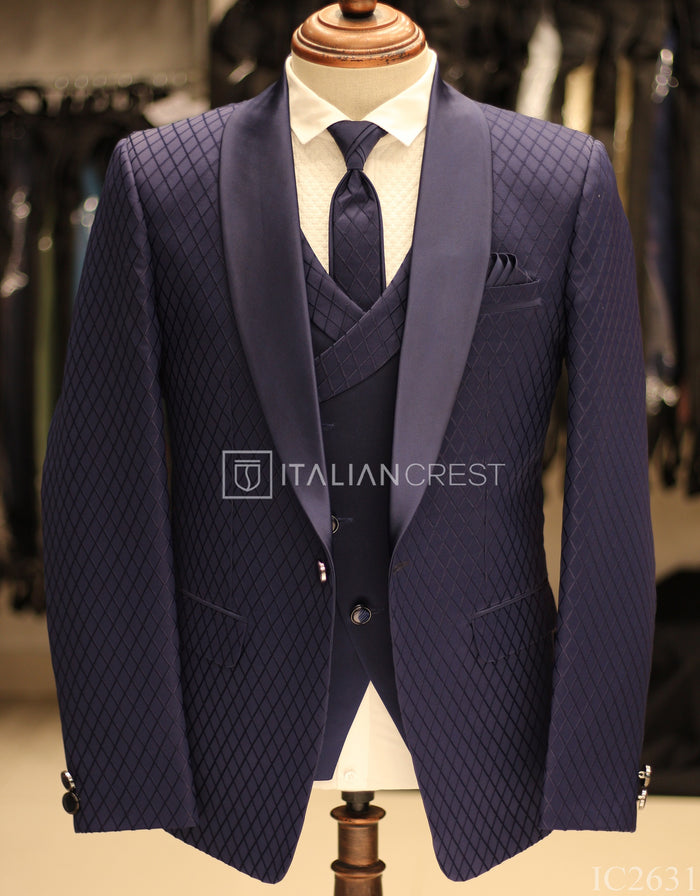 Dark Royal Blue Jacquard 5pc Wedding Suit