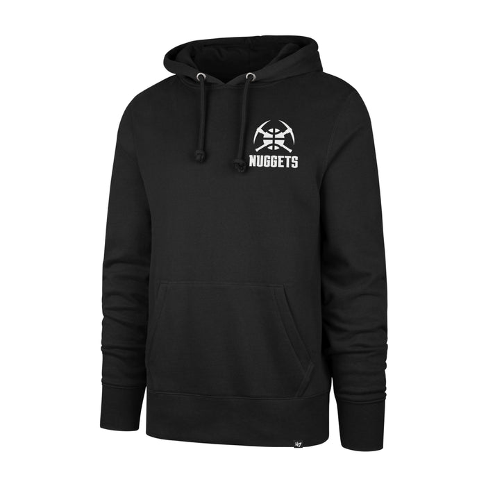 Front-left angled view of a solid black pullover fleece hoody. The upper left chest features a minimalist white graphic of the Denver Nuggets crossed-pickaxes and basketball logo with the word 'NUGGETS' printed cleanly underneath in white block text. The hoody includes matching black drawstrings, a spacious front kangaroo pocket, and ribbed cuffs