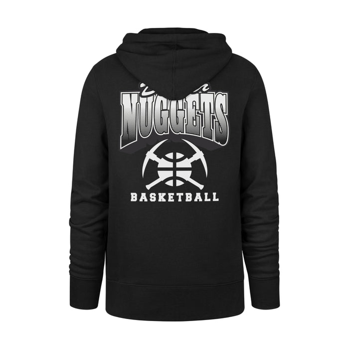 Rear view of the black pullover hoody highlighting a large graphic print on the back. The word 'Denver' in white script sits above 'NUGGETS', which is styled in a metallic silver 3D block font with a white outline. Below the text is a large white Denver Nuggets crossed-pickaxes and basketball logo, anchored by the word 'BASKETBALL' printed at the bottom in bold white block letters