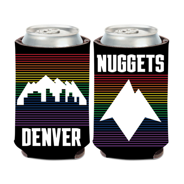 Front and back view black fabric neoprene can koozies shown side-by-side on aluminum beverage cans. The left koozie displays a white mountain and city skyline cutout over thin horizontal rainbow stripes with the word 'DENVER' below it. The right koozie features a single large, white geometric mountain icon over the same rainbow gradient with the word 'NUGGETS' printed at the top.