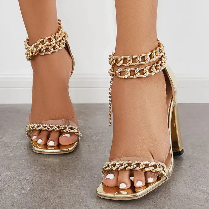 Chunky Rhinestone Ankle Chain Strap Heels fashionnsio