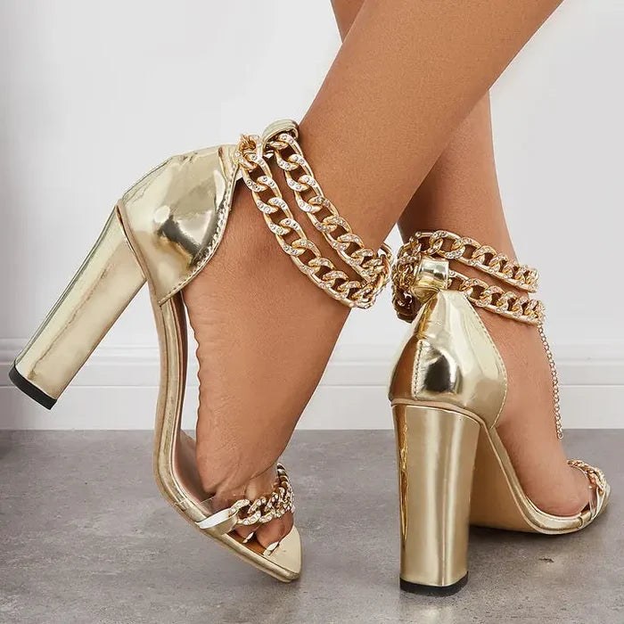 Chunky Rhinestone Ankle Chain Strap Heels fashionnsio