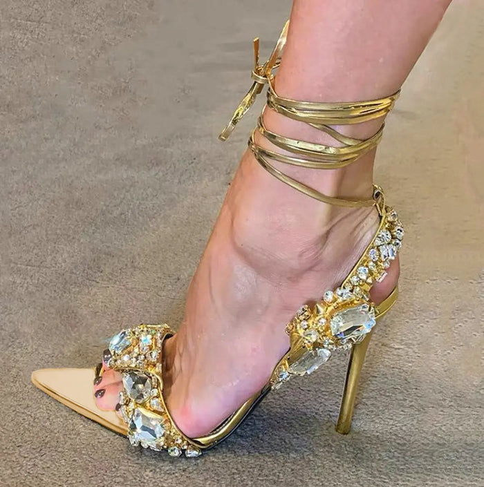 Golden lace up Diamond Heel fashionnsio