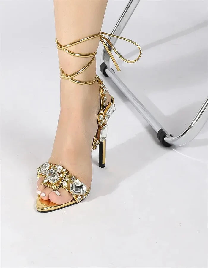 Golden lace up Diamond Heel fashionnsio