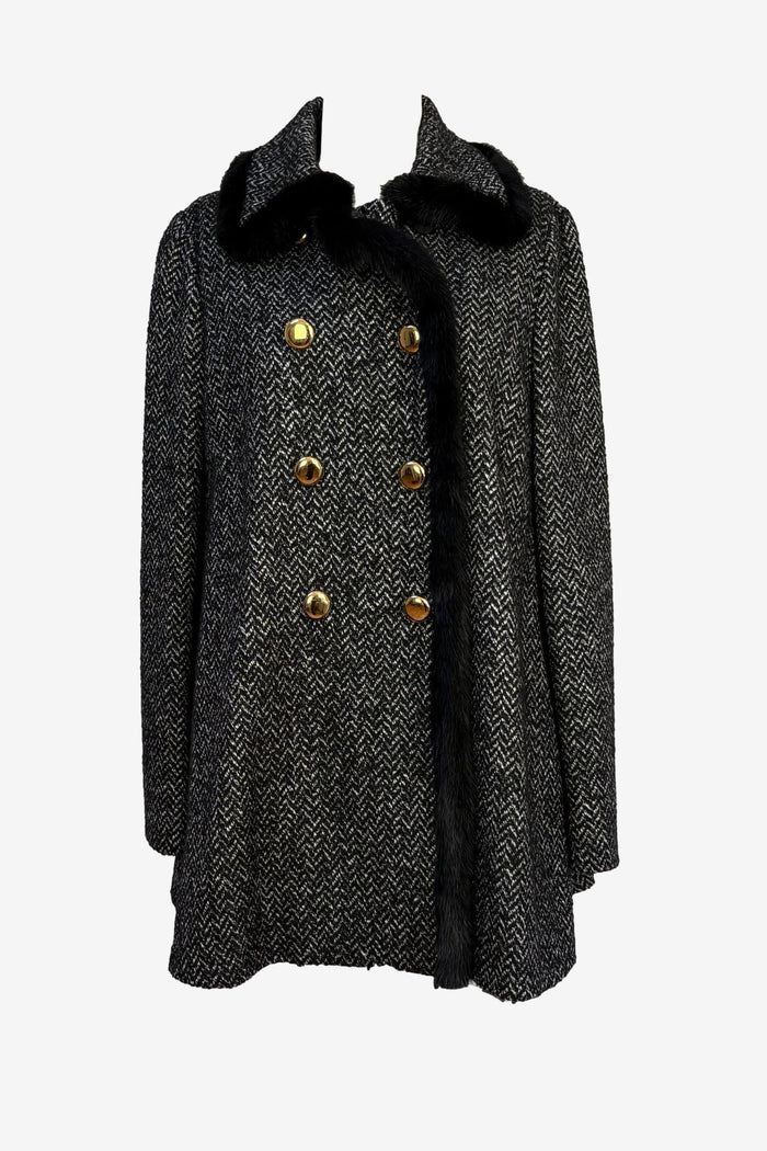 Dolce & Gabbana Mink Trim Black & White Tweed Coat