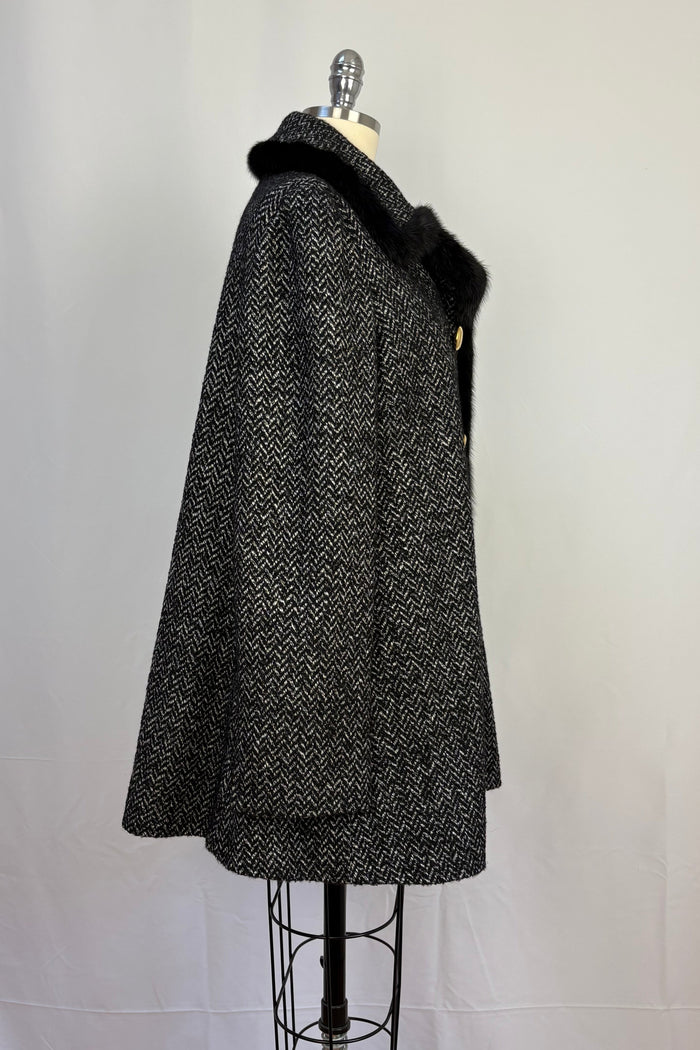 Dolce & Gabbana Mink Trim Black & White Tweed Coat