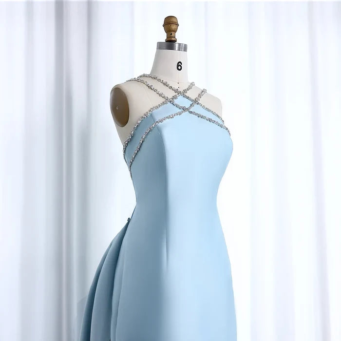 Dreamy Vow Elegant Light Blue Satin Arabic Evening Dress with Overskirt SD048