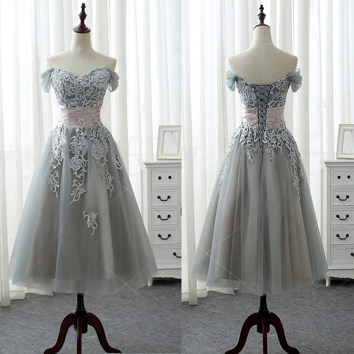 Elegant A-line Off Shoulder Lace Appliques Tea-Length Bridesmaid Dress, AB1169