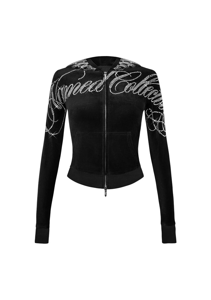 Front view of a black hoodie featuring a rhinestone logo and bullet design.