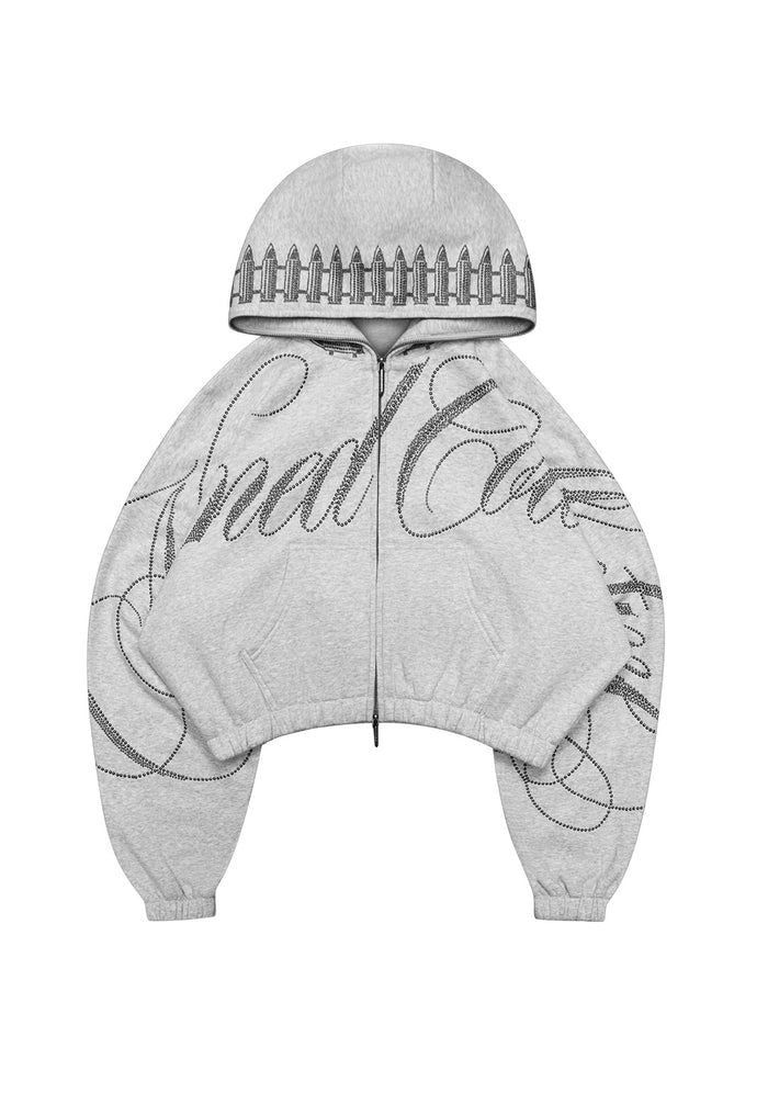 Front view of enemy studded crop zip hoodie grey marl, featuring large studded logo and bullet design.