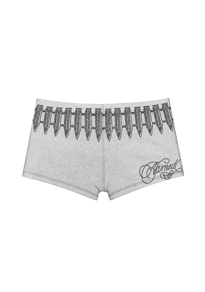 Front view of enemy studded micro hotpant shorts in grey marl, featuring studded bullet design and logo detail.