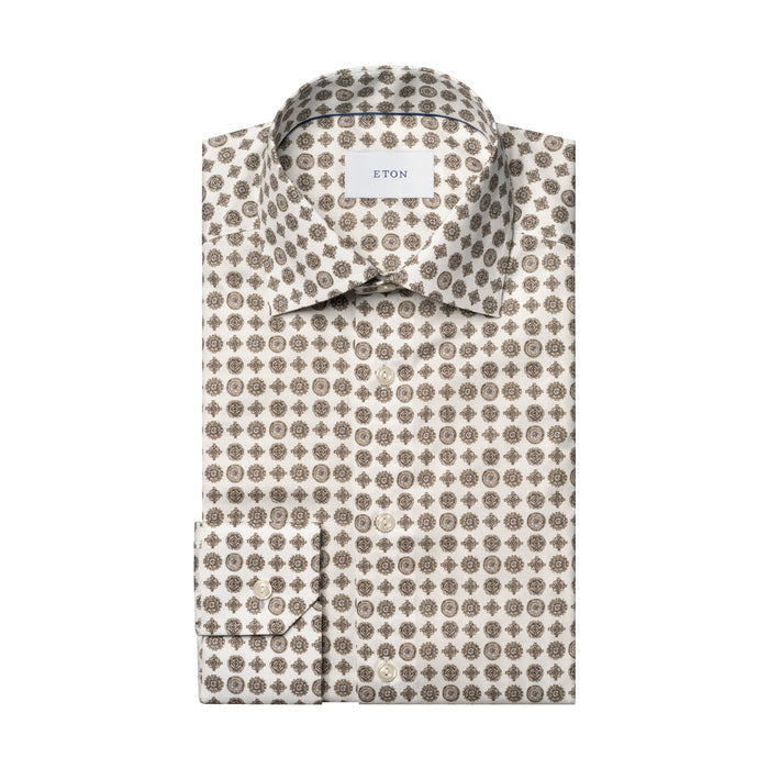 Eton - Geometric Signature Twill Slim Shirt in White/Brown