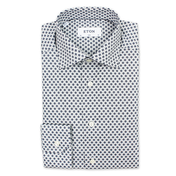 Eton - Slim Fit Medallion Print Shirt in White & Blue - Nigel Clare