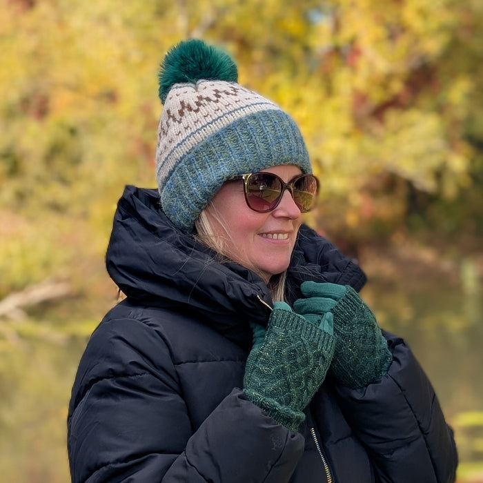 Fair Isle Pattern PomPom Hat - Green