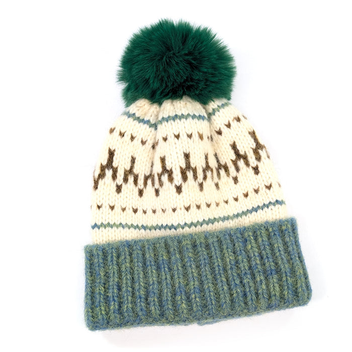 Fair Isle Pattern PomPom Hat - Green