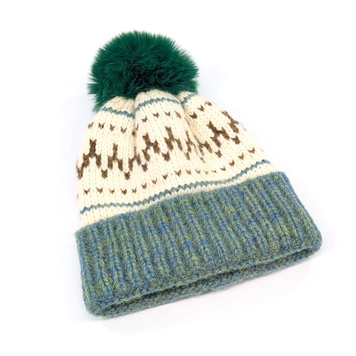 Fair Isle Pattern PomPom Hat - Green