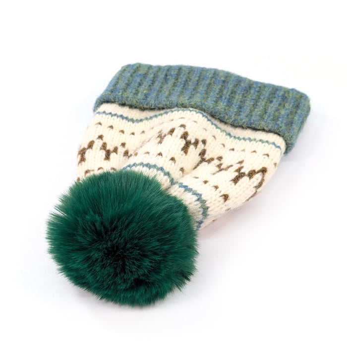 Fair Isle Pattern PomPom Hat - Green