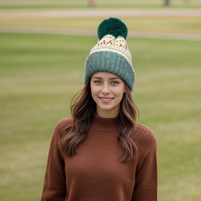 Fair Isle Pattern PomPom Hat - Green
