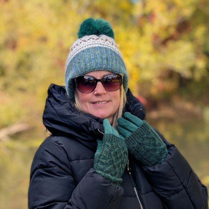 Fair Isle Pattern PomPom Hat - Green