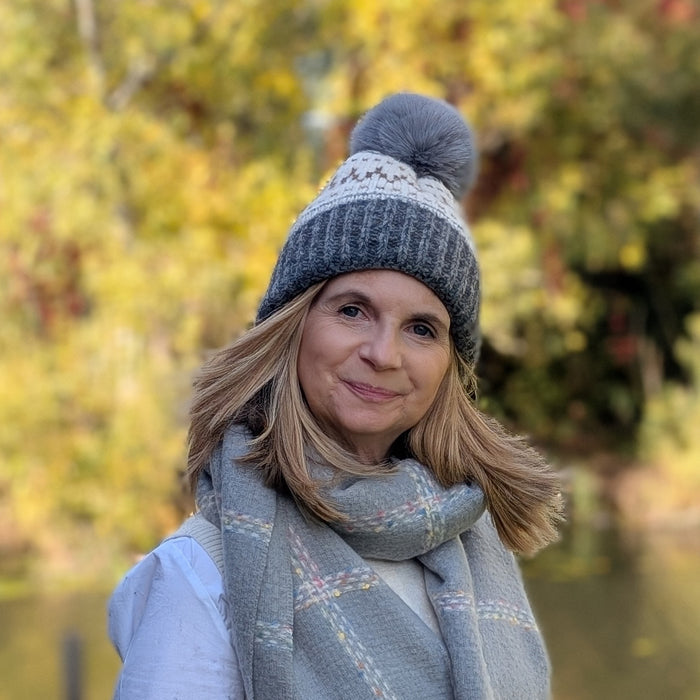 Fair Isle Pattern PomPom Hat - Grey