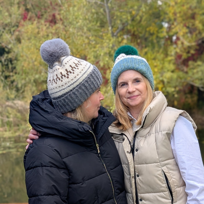 Fair Isle Pattern PomPom Hat - Grey