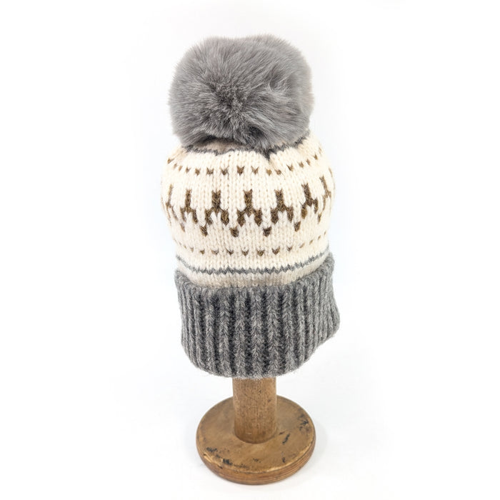 Fair Isle Pattern PomPom Hat - Grey