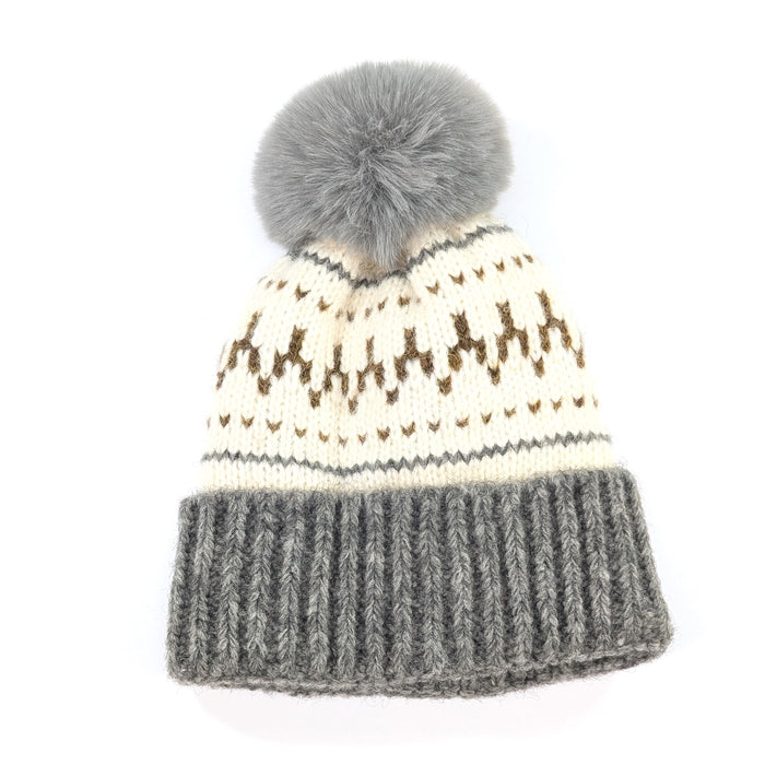 Fair Isle Pattern PomPom Hat - Grey