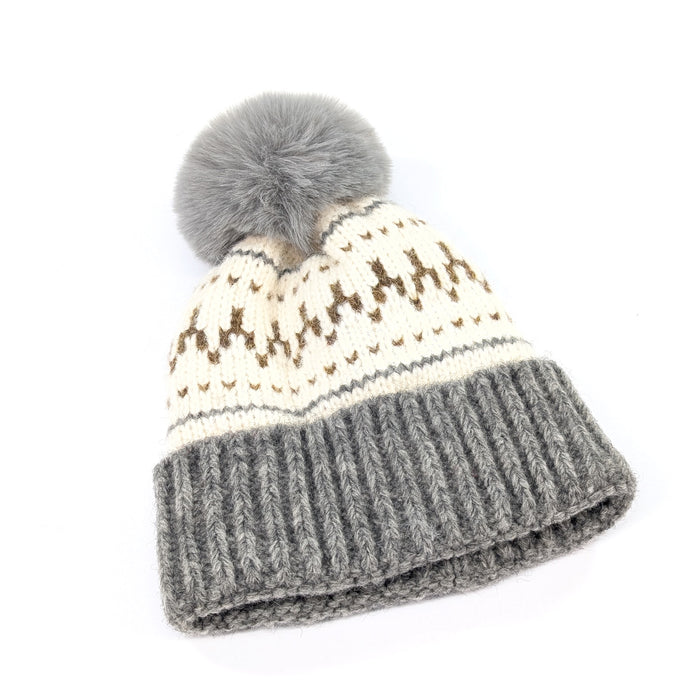 Fair Isle Pattern PomPom Hat - Grey