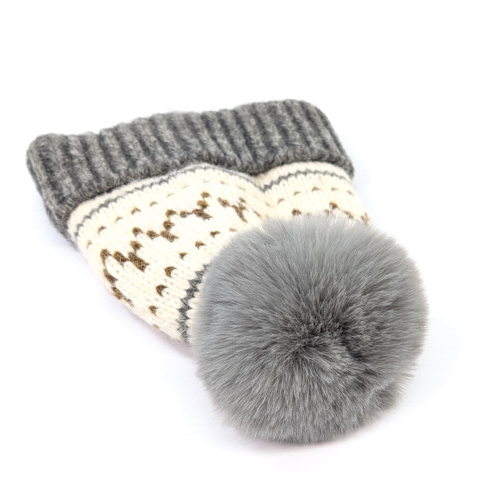 Fair Isle Pattern PomPom Hat - Grey