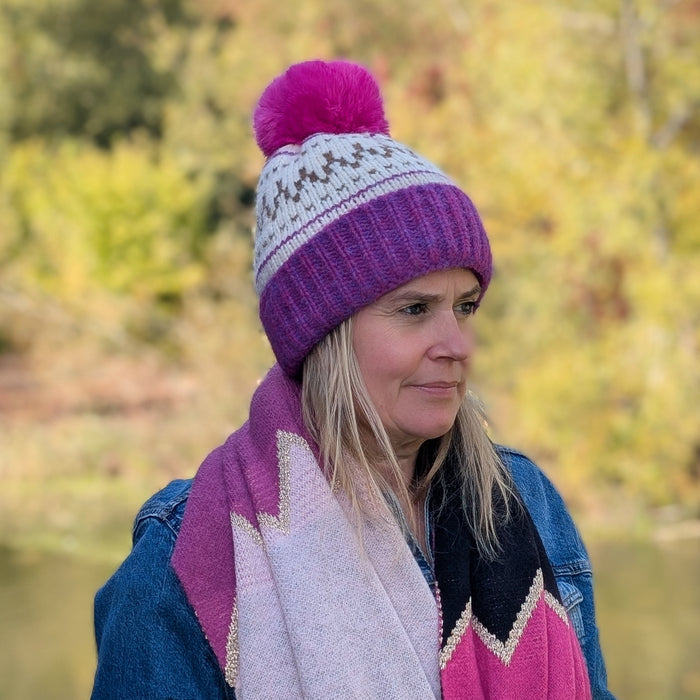 Fair Isle Pattern PomPom Hat - Pink