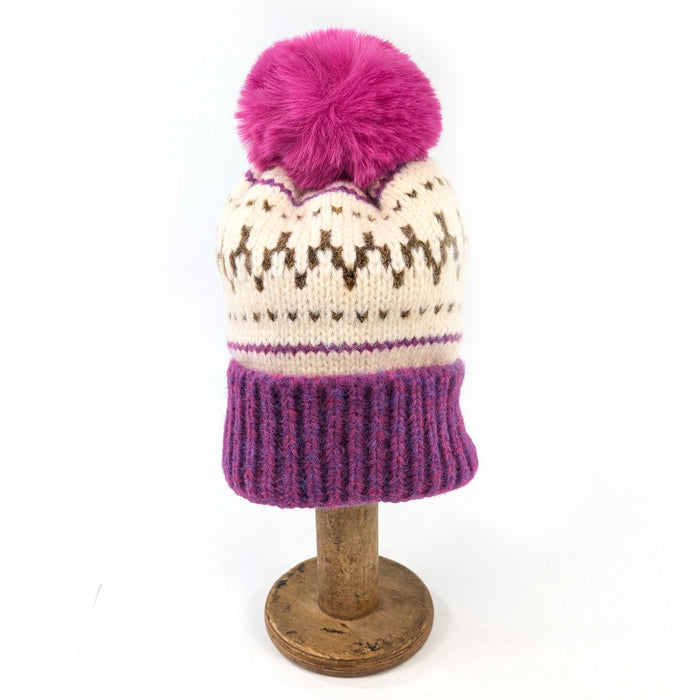 Fair Isle Pattern PomPom Hat - Pink