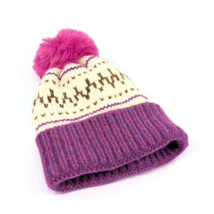 Fair Isle Pattern PomPom Hat - Pink